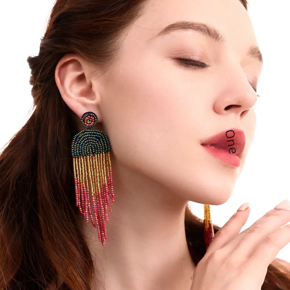 Wholesale Bohemian Vintage Rice Bead Tassel Earrings Exaggerated Personality Creative Handmade Jewelry