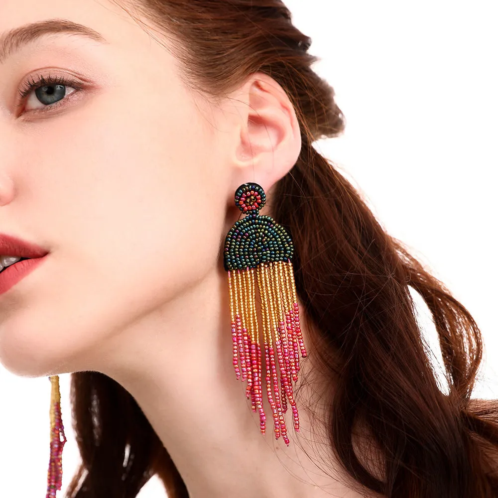 Wholesale Bohemian Vintage Rice Bead Tassel Earrings Exaggerated Personality Creative Handmade Jewelry