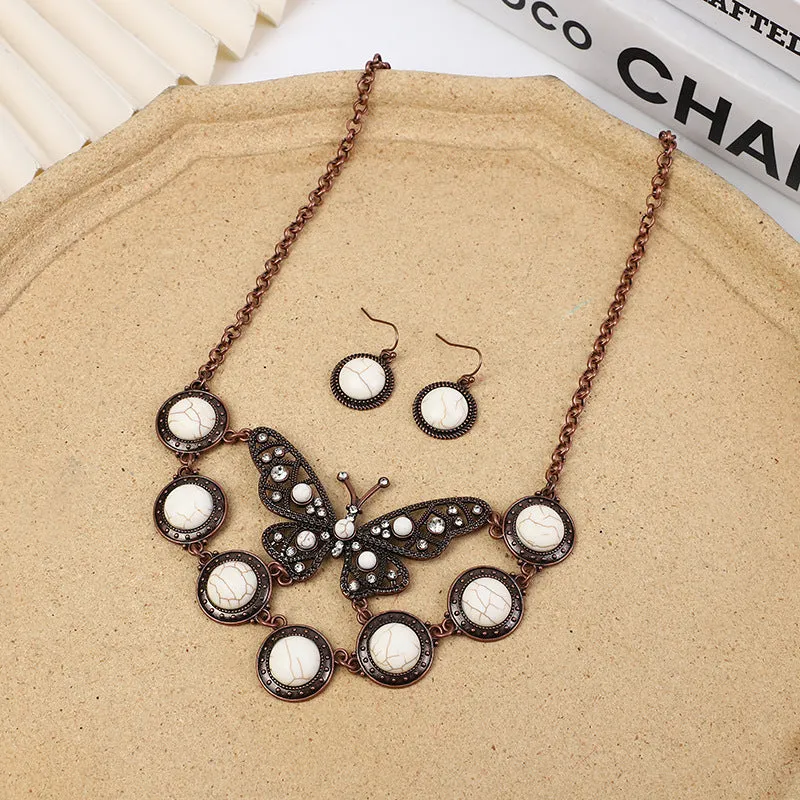 Wholesale Bohemian Vintage Turquoise Butterfly Necklace Earring Set