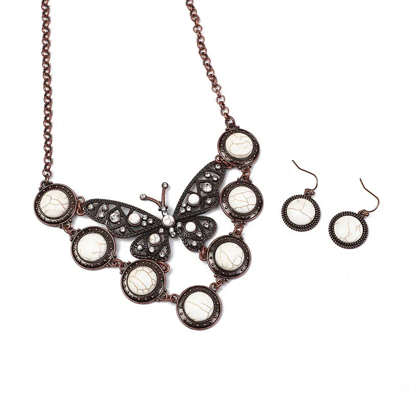 Wholesale Bohemian Vintage Turquoise Butterfly Necklace Earring Set