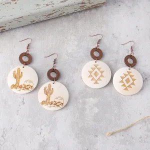 Wholesale Bohemian Western Style Cactus Sun Aztec Pattern Wooden Laser Disc Stitching Earrings