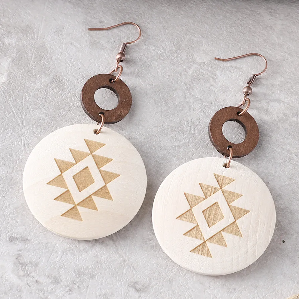 Wholesale Bohemian Western Style Cactus Sun Aztec Pattern Wooden Laser Disc Stitching Earrings