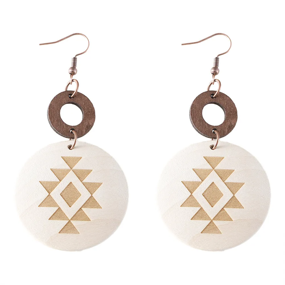 Wholesale Bohemian Western Style Cactus Sun Aztec Pattern Wooden Laser Disc Stitching Earrings