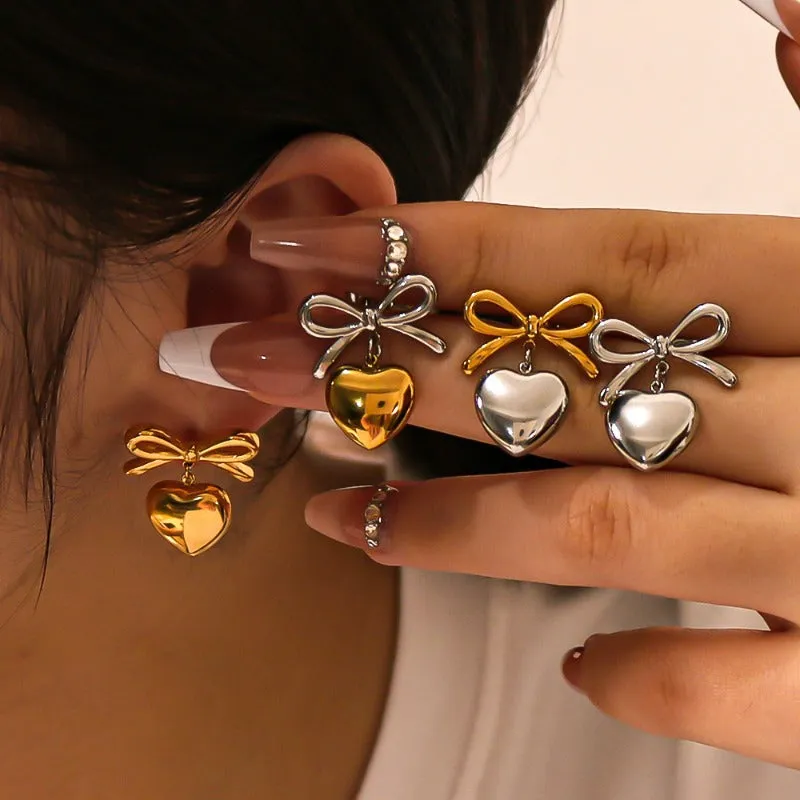 Wholesale Bow Titanium Steel Plated with 18K Gold Niche Contrast Color Light Luxury Love Pendant Earrings
