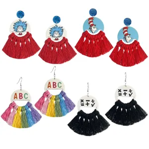 Wholesale Braided Tassel Multicolor Fan-Shaped Textured Rainbow Color Teacher Letter English Math Earrings