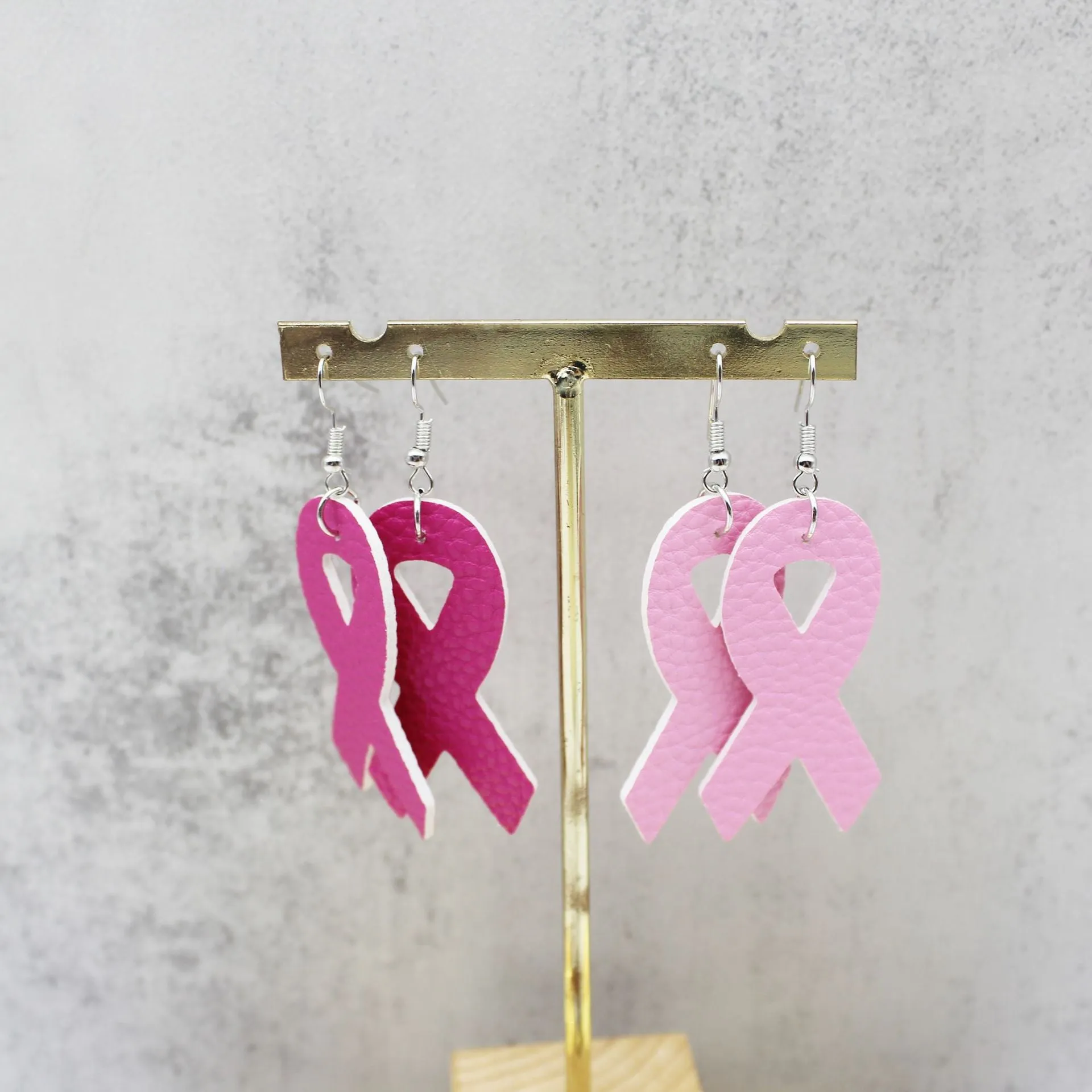 Wholesale Breast Women's Health Awareness Pink Ribbon Leather PU Earrings