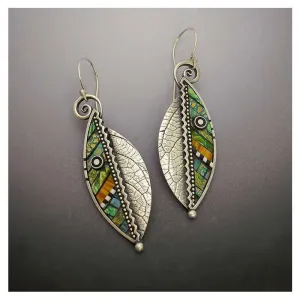 Wholesale Brocade Iridescent Green Leaf Zigzag Artificial Wood Leaf Earrings