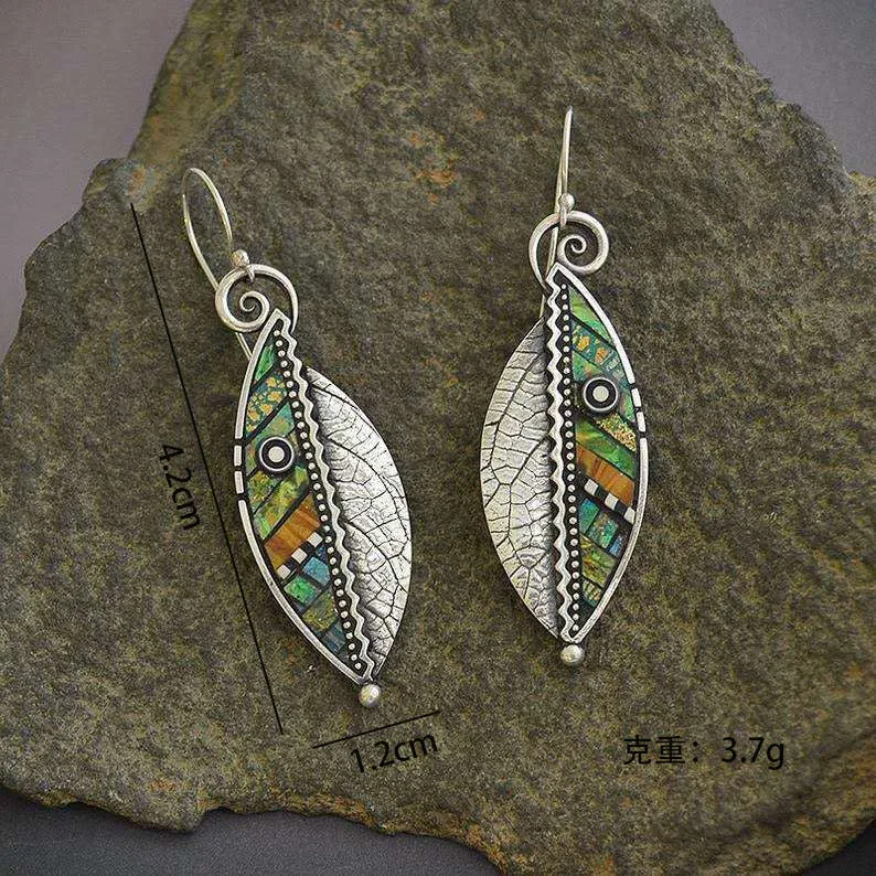 Wholesale Brocade Iridescent Green Leaf Zigzag Artificial Wood Leaf Earrings