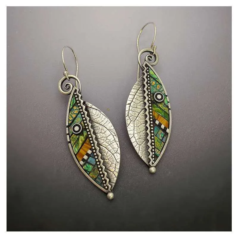 Wholesale Brocade Iridescent Green Leaf Zigzag Artificial Wood Leaf Earrings