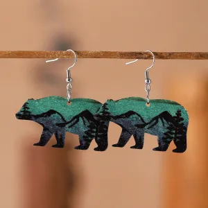 Wholesale Brown Bear Double-Sided Wood Forest Snow Mountain Print Earrings