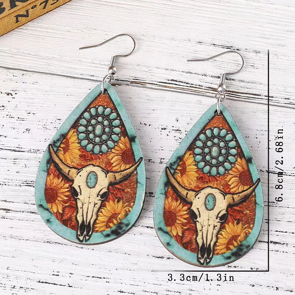 Wholesale Bull head print teardrop earrings