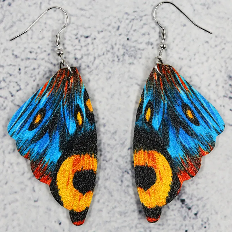 Wholesale Butterfly Leather Bionic Butterfly Wings Pattern Symmetrical Double-Sided Printed Earrings