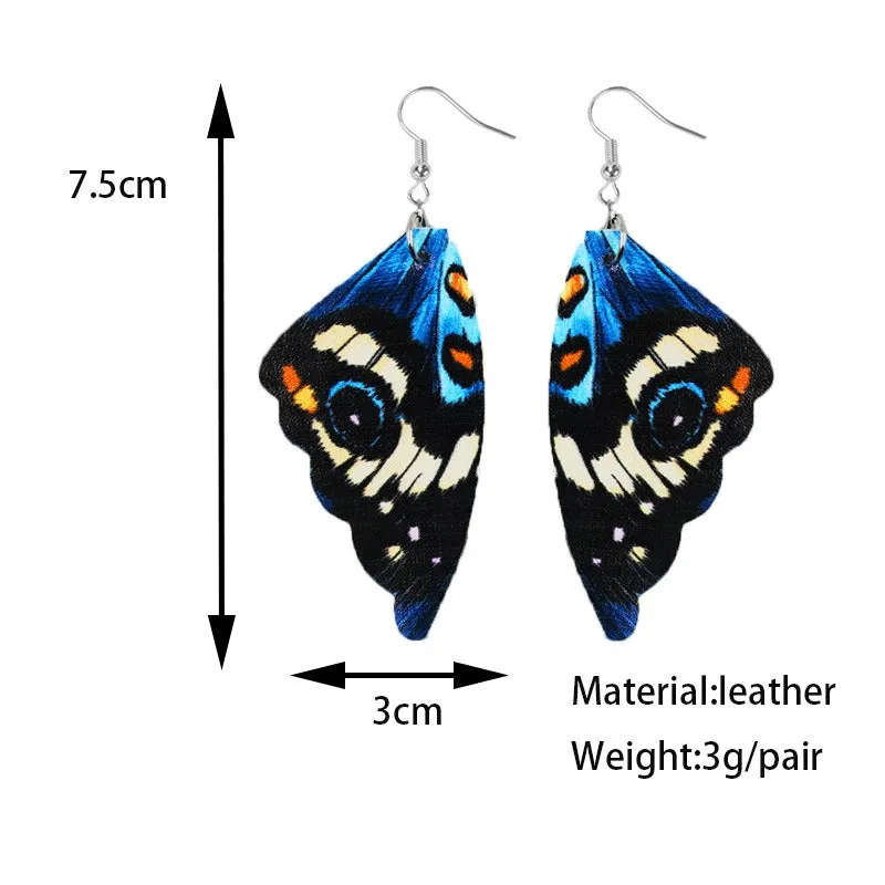 Wholesale Butterfly Leather Bionic Butterfly Wings Pattern Symmetrical Double-Sided Printed Earrings