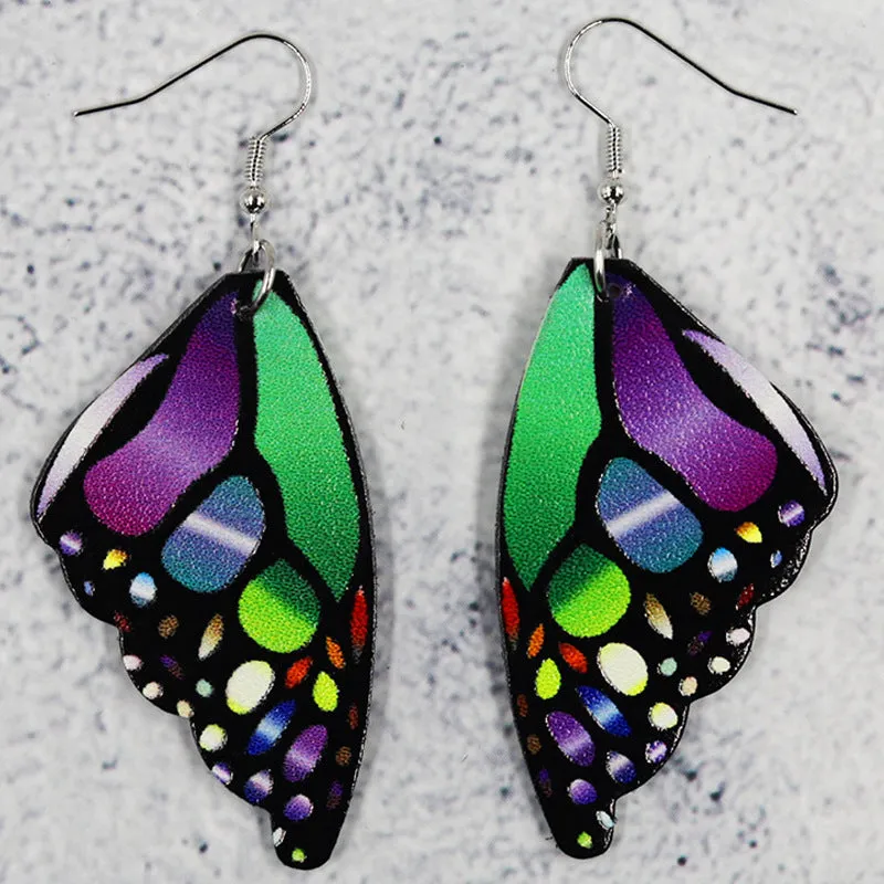 Wholesale Butterfly Leather Bionic Butterfly Wings Pattern Symmetrical Double-Sided Printed Earrings