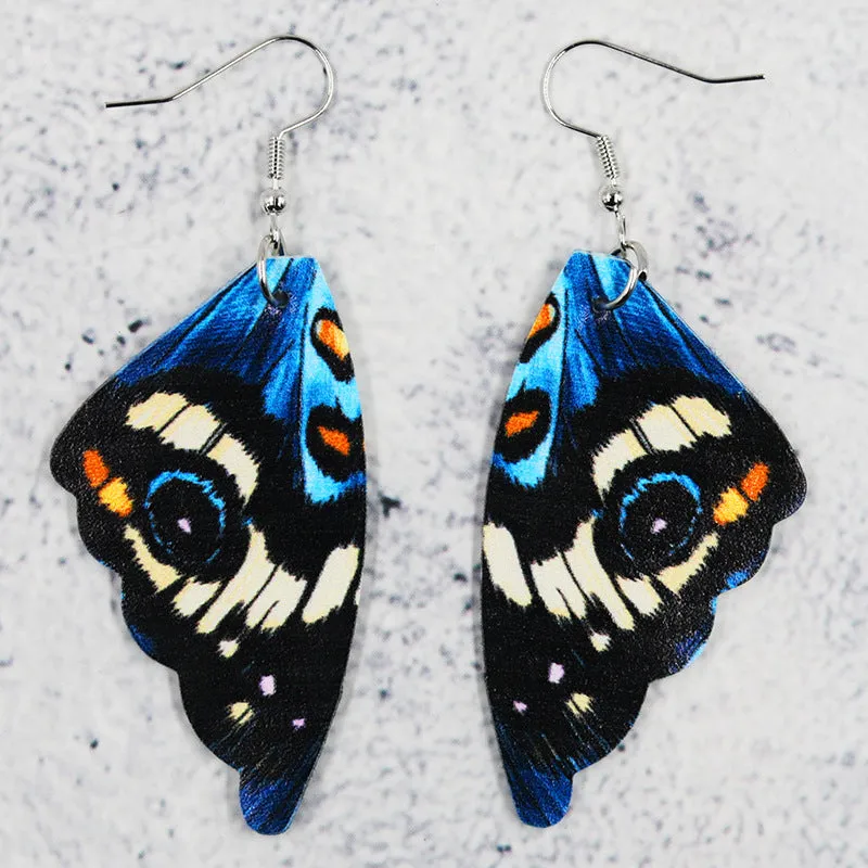 Wholesale Butterfly Leather Bionic Butterfly Wings Pattern Symmetrical Double-Sided Printed Earrings