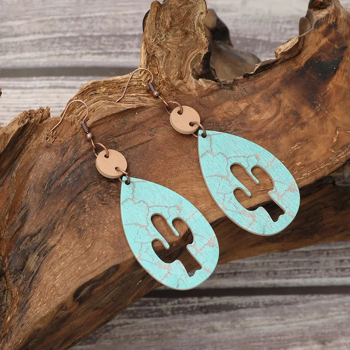 Wholesale cactus sheep head pattern irregular shape wooden earrings