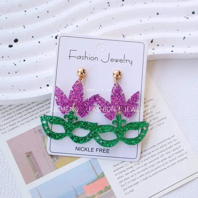 Wholesale Carnival acrylic gold green purple mask party holiday earrings