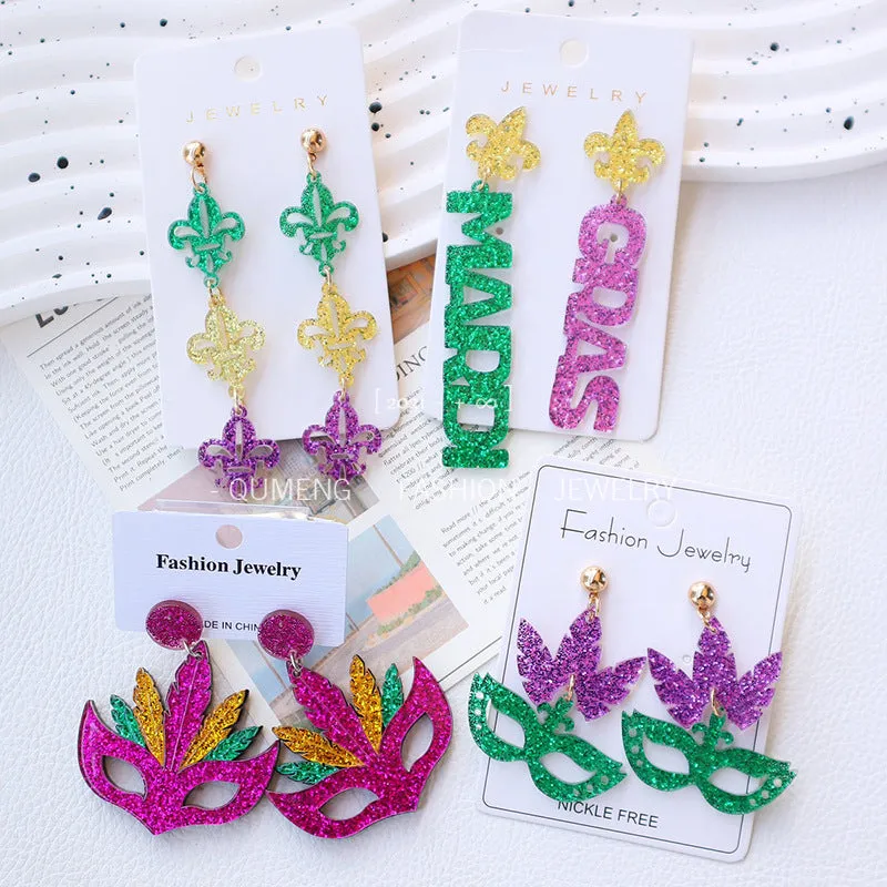 Wholesale Carnival acrylic gold green purple mask party holiday earrings