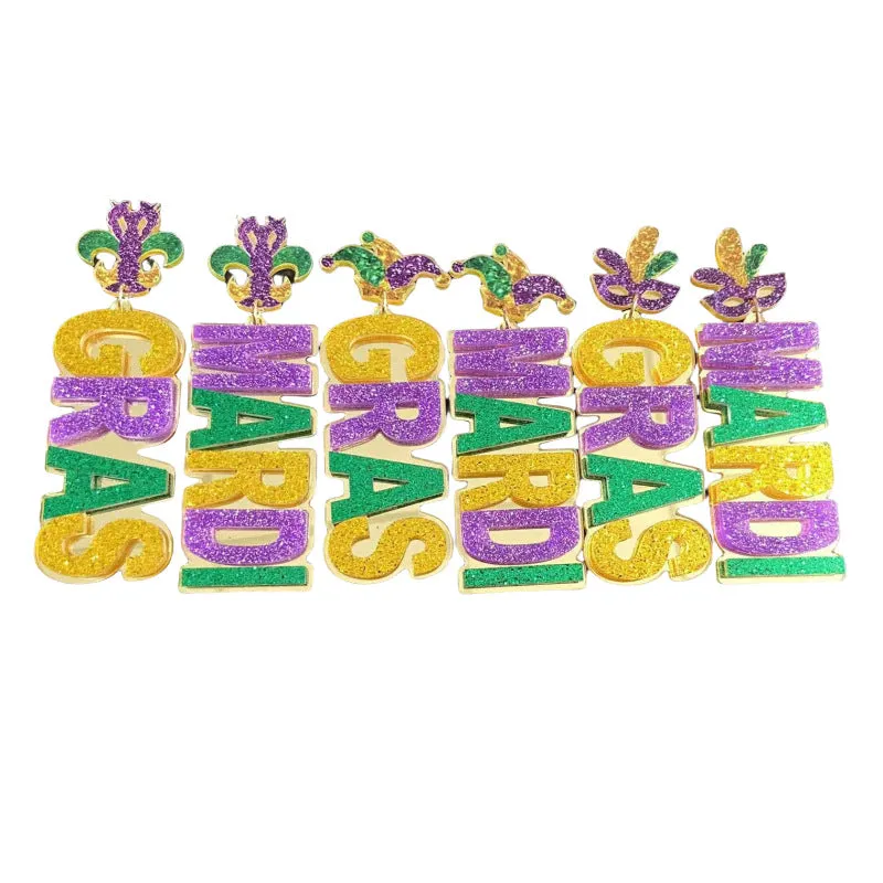 Wholesale Carnival Earrings Mask Lobster Clown Hat Asymmetric Letters Gold Powder Green Purple Tricolor Ear