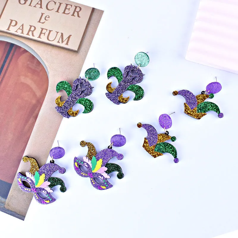 Wholesale Carnival earrings purple green yellow five-pointed star Crown Clown mask lobster earrings
