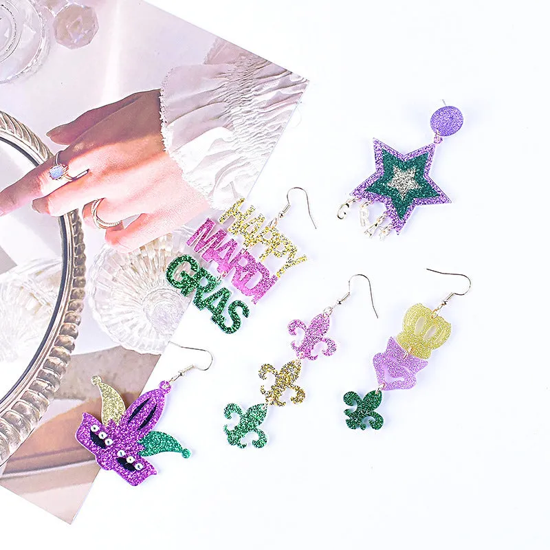 Wholesale Carnival earrings purple green yellow five-pointed star Crown Clown mask lobster earrings