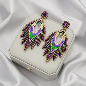 Wholesale Carnival Festival High-end Handmade Rice Beads Feather Exaggerated Earrings for Women