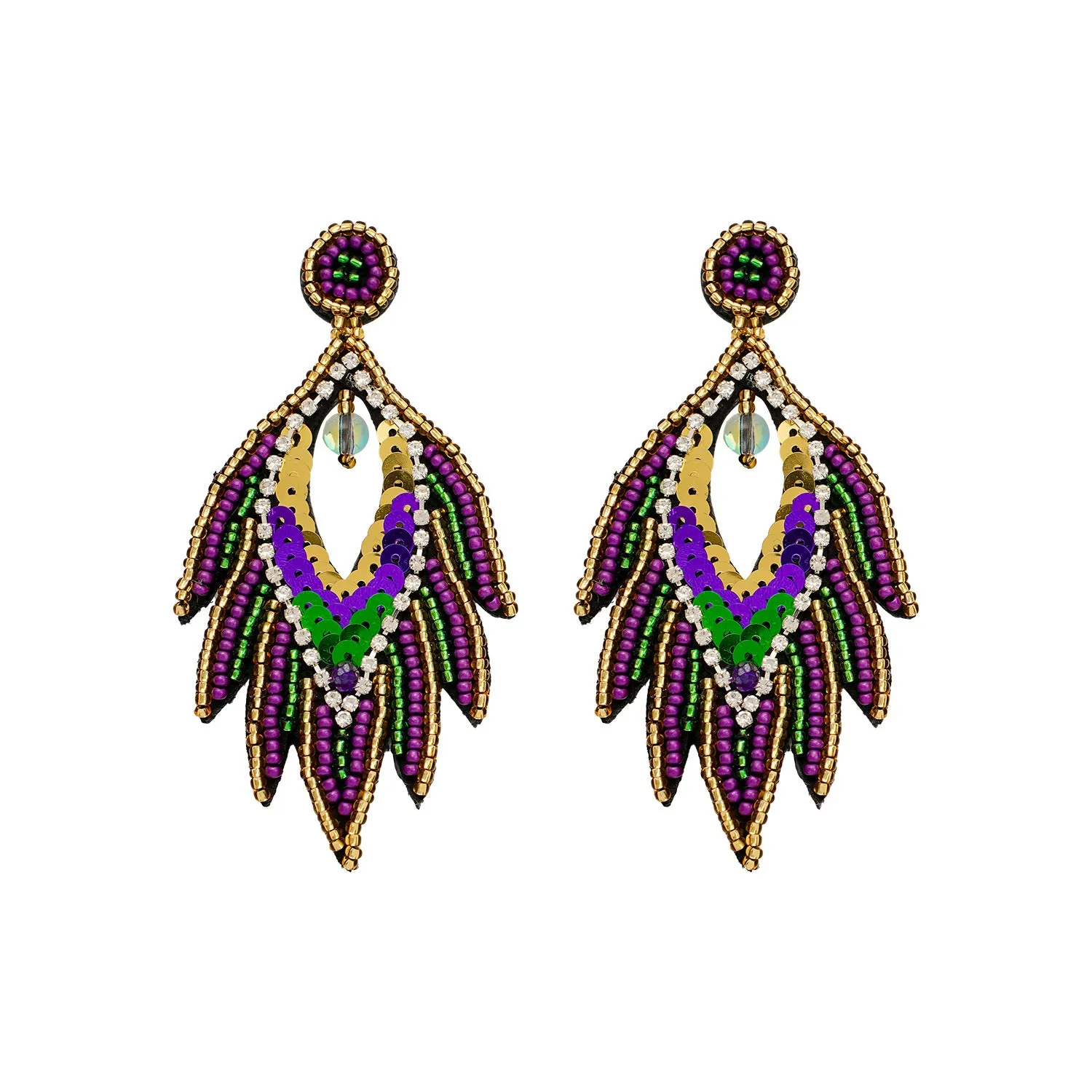 Wholesale Carnival Festival High-end Handmade Rice Beads Feather Exaggerated Earrings for Women