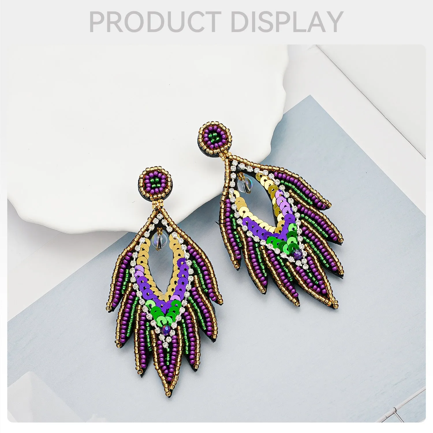 Wholesale Carnival Festival High-end Handmade Rice Beads Feather Exaggerated Earrings for Women