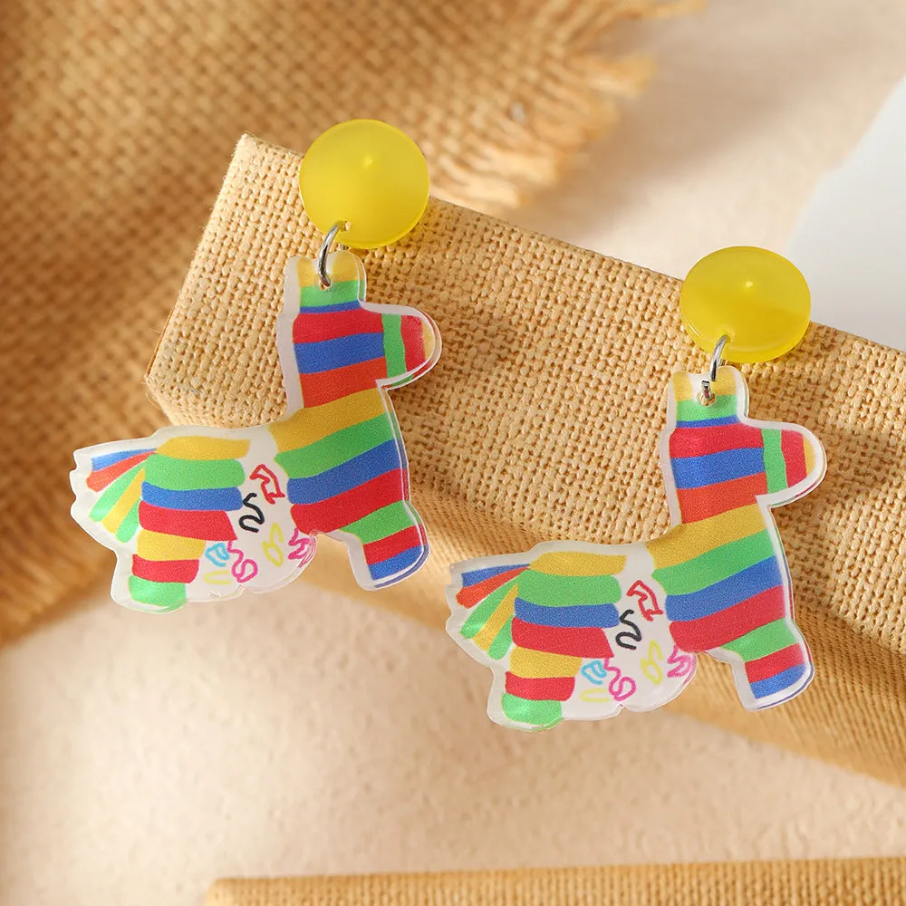 Wholesale Carnival tassel hat rainbow horse oil painting music festival printed earrings acrylic personalized earrings