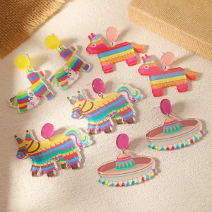 Wholesale Carnival tassel hat rainbow horse oil painting music festival printed earrings acrylic personalized earrings