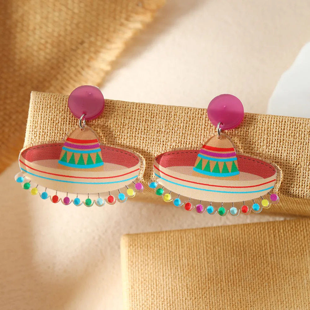 Wholesale Carnival tassel hat rainbow horse oil painting music festival printed earrings acrylic personalized earrings