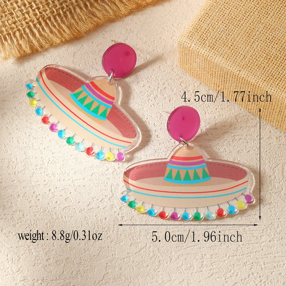Wholesale Carnival tassel hat rainbow horse oil painting music festival printed earrings acrylic personalized earrings