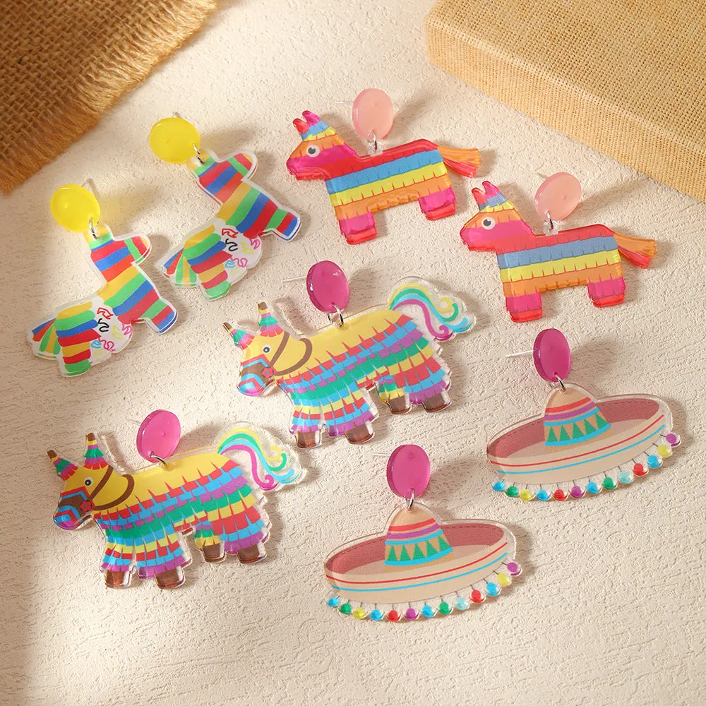 Wholesale Carnival tassel hat rainbow horse oil painting music festival printed earrings acrylic personalized earrings