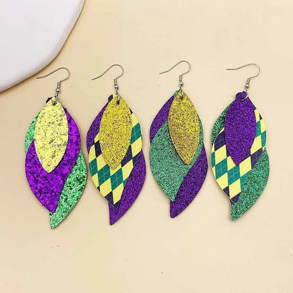 Wholesale Carnival Triple Leather Shiny Leaf Shape Bohemian Carnival Earrings