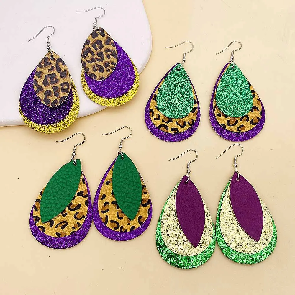 Wholesale Carnival Triple Leather Shiny Leaf Shape Bohemian Carnival Earrings