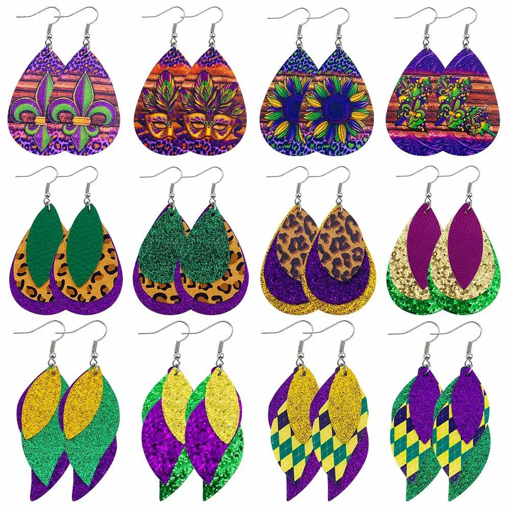 Wholesale Carnival Triple Leather Shiny Leaf Shape Bohemian Carnival Earrings