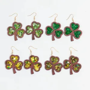 Wholesale Carnival Wooden Lucky Leaf Hinge Patcree Holiday Clover Pendant Earrings