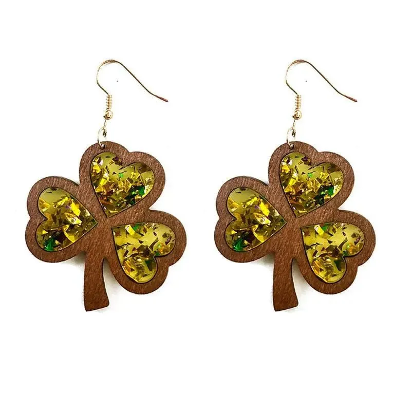 Wholesale Carnival Wooden Lucky Leaf Hinge Patcree Holiday Clover Pendant Earrings
