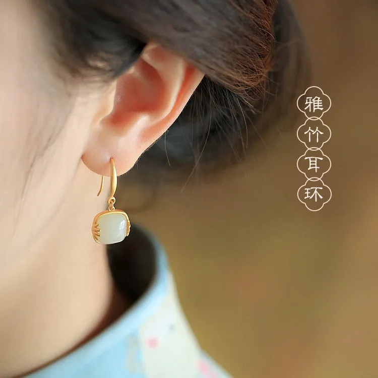 Wholesale Chinese Ancient Gold and Jade Sugar Cube Earrings Mother's Day