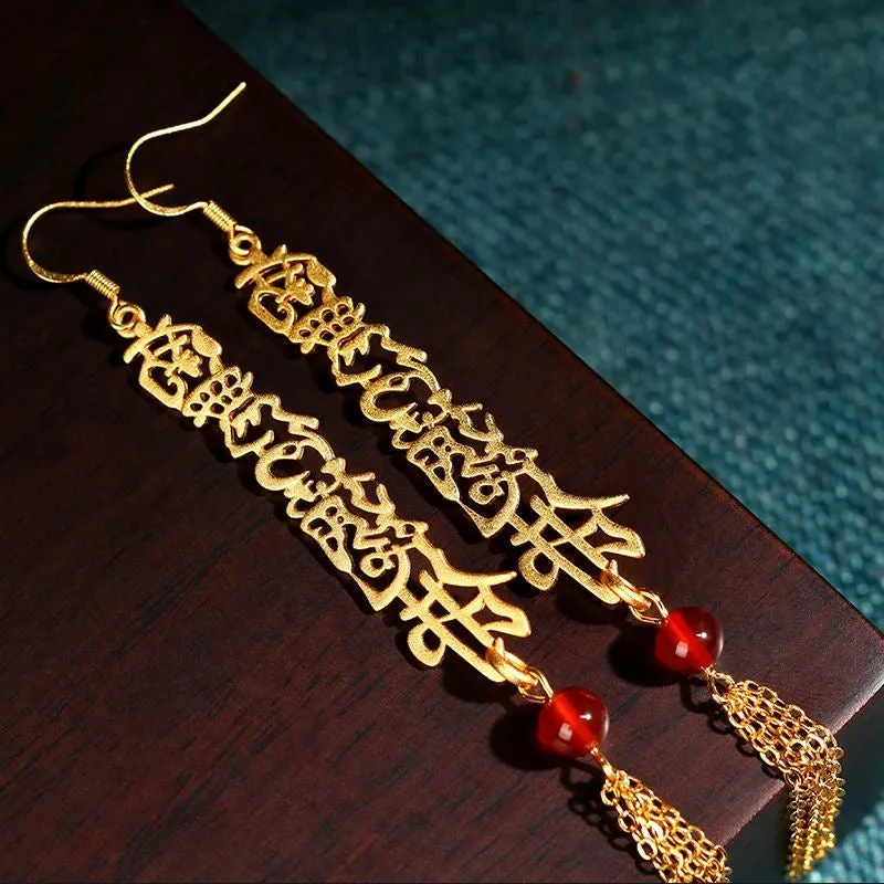 Wholesale Chinese Style Long Scripture Nanwo Amitabha Tassel Earrings National Style Not Falling Chinese Valentine's Day Gift Souvenir
