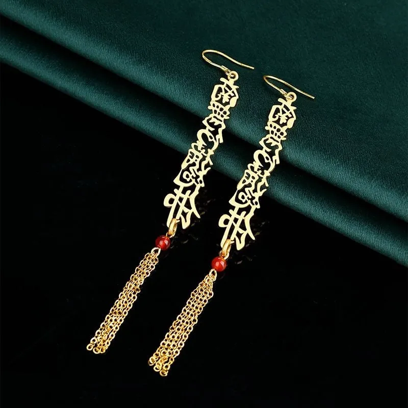 Wholesale Chinese Style Long Scripture Nanwo Amitabha Tassel Earrings National Style Not Falling Chinese Valentine's Day Gift Souvenir