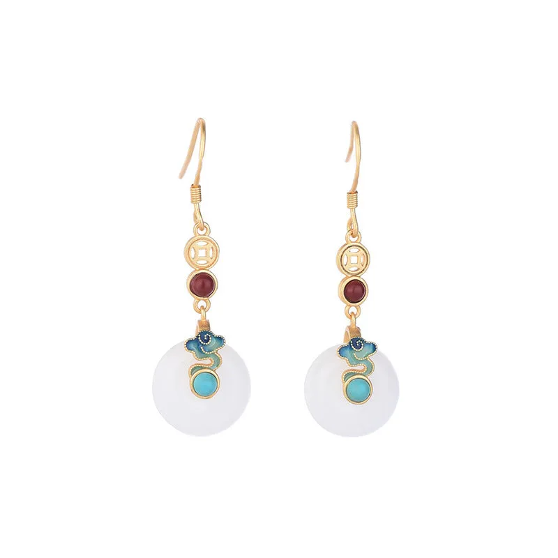 Wholesale Chinese style national style niche design Xiangyun peace buckle imitation Hetian jade temperament retro earrings Qixi girlfriend gift