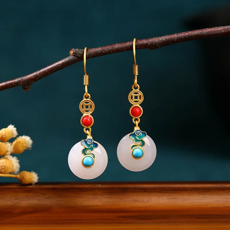 Wholesale Chinese style national style niche design Xiangyun peace buckle imitation Hetian jade temperament retro earrings Qixi girlfriend gift