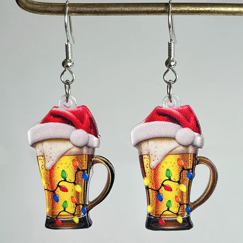 Wholesale Christmas Acrylic Red Wine Beer Party Santa Hat Lightning Boots Earrings