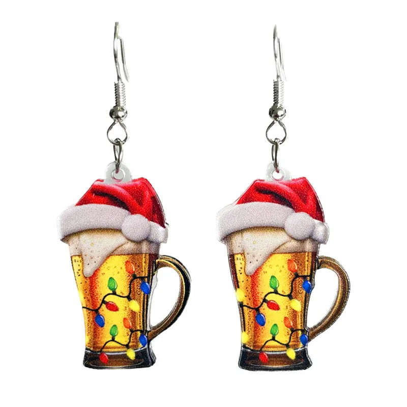 Wholesale Christmas Acrylic Red Wine Beer Party Santa Hat Lightning Boots Earrings