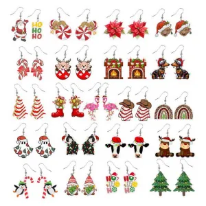 Wholesale Christmas Cartoon Christmas Tree Elk Cow Yak Kitten Stove Flamingo Rainbow Earrings