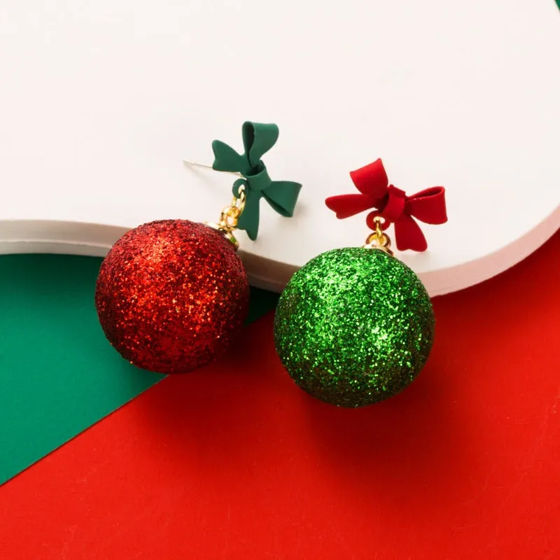 Wholesale Christmas Creative Bow Ball Glitter Powder Asymmetrical Earrings