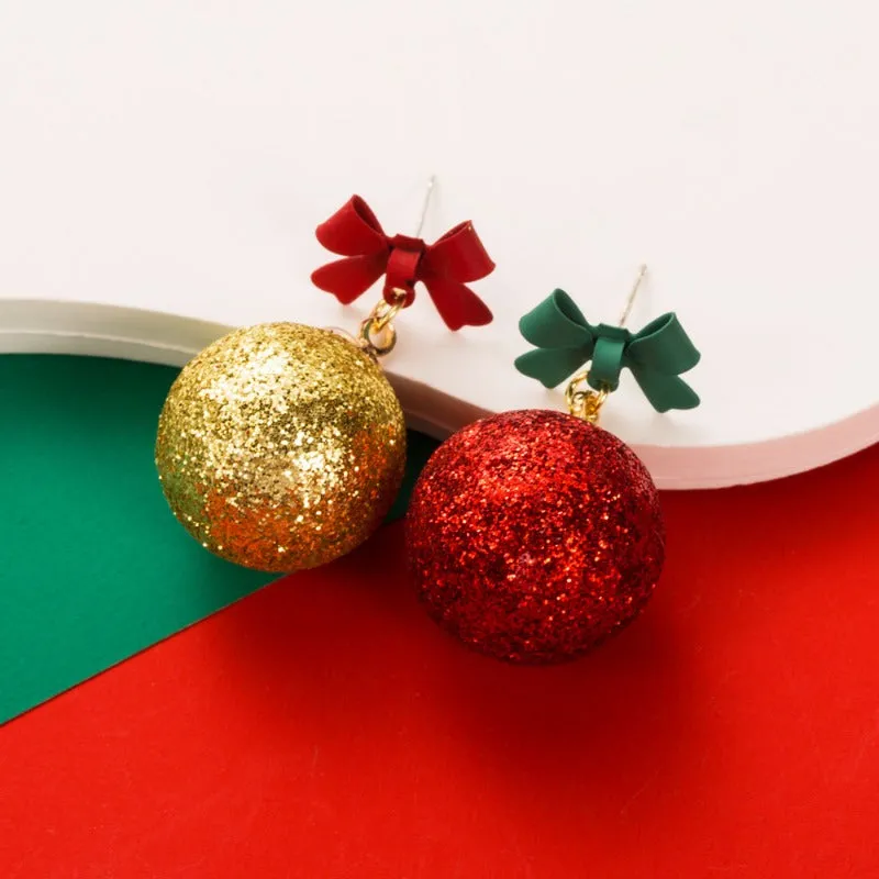 Wholesale Christmas Creative Bow Ball Glitter Powder Asymmetrical Earrings