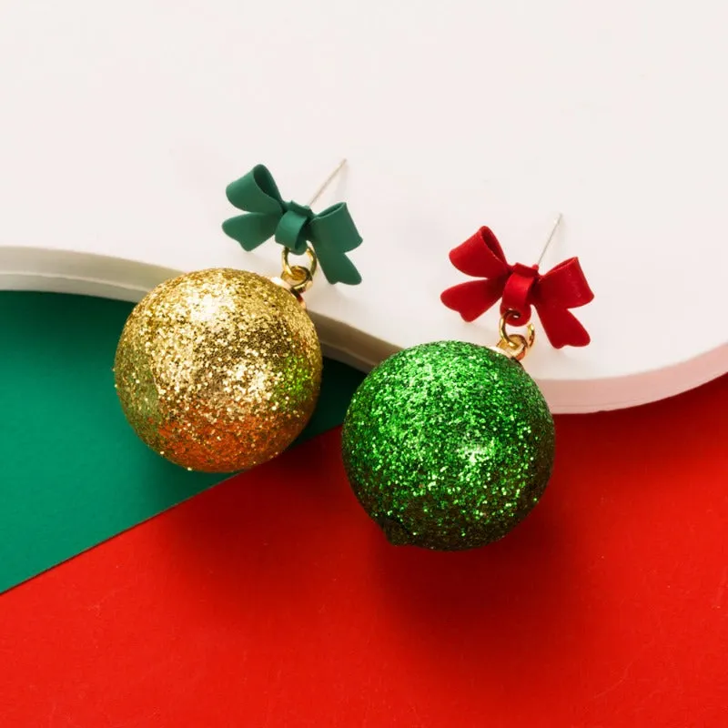 Wholesale Christmas Creative Bow Ball Glitter Powder Asymmetrical Earrings