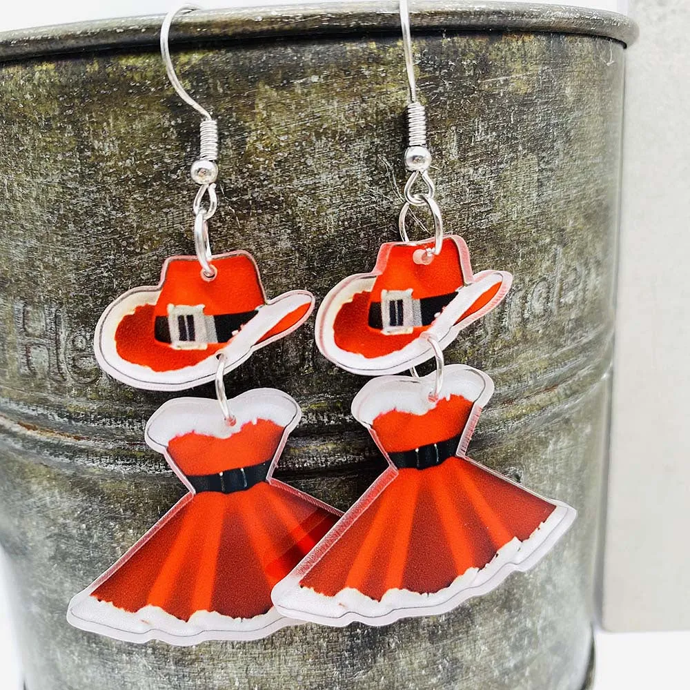 Wholesale Christmas Cute Princess Dress Western Denim Santa Hat Acrylic Earrings